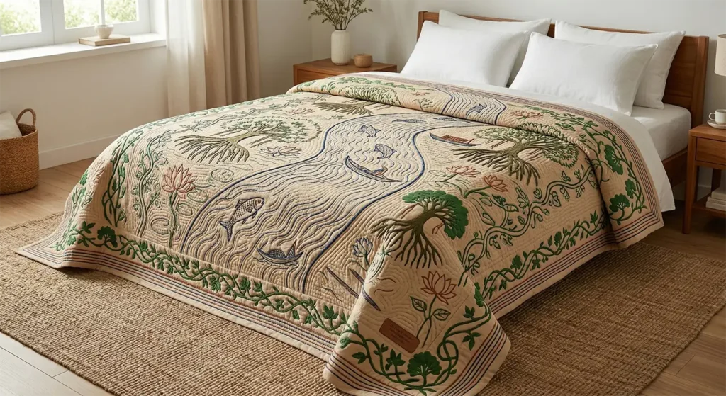 Heavyweight Sujni Kantha Quilts Featuring Bengal Forest and River Motifs