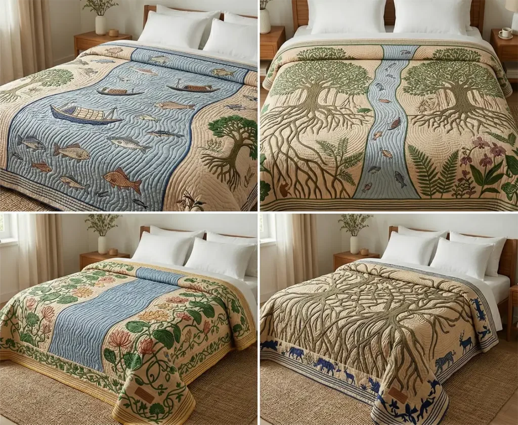Heavyweight Sujni Kantha Quilts Featuring Bengal Forest and River Motifs