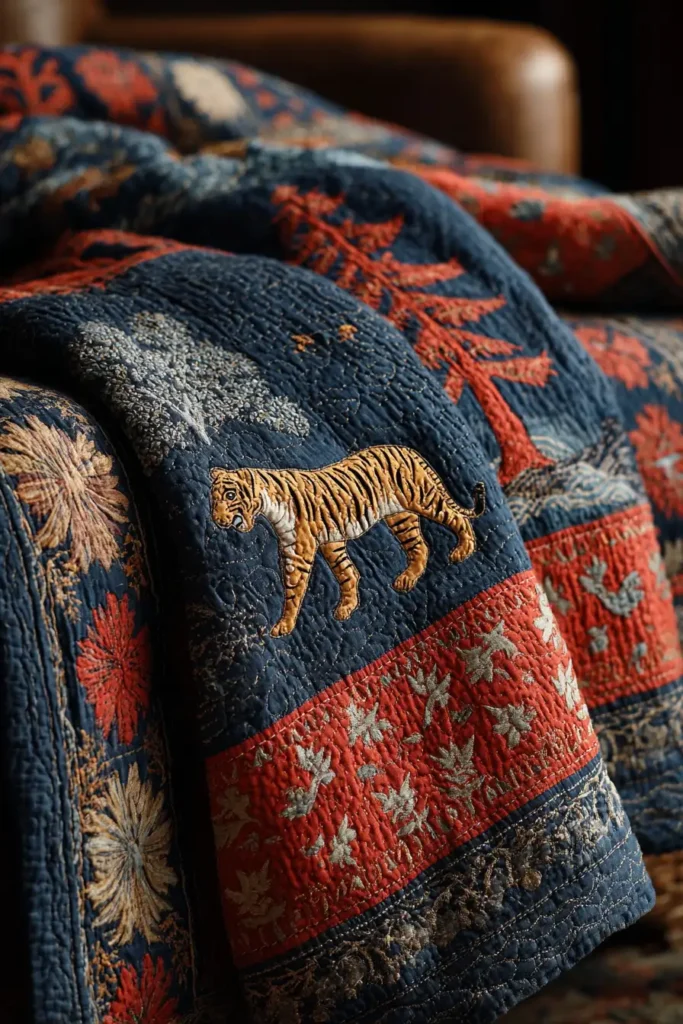 Heavyweight Sujni Kantha Quilts Featuring Bengal Forest and River Motifs