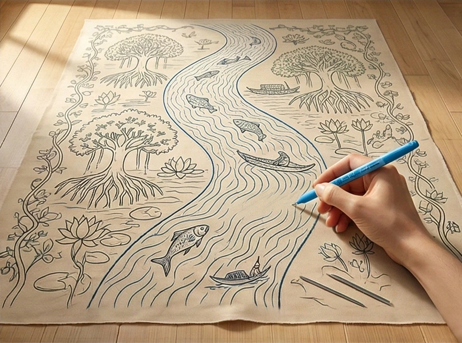 Heavyweight Sujni Kantha Quilts Featuring Bengal Forest and River Motifs