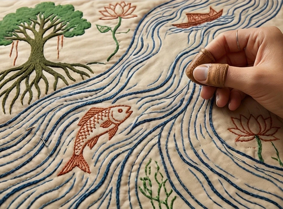 Heavyweight Sujni Kantha Quilts Featuring Bengal Forest and River Motifs