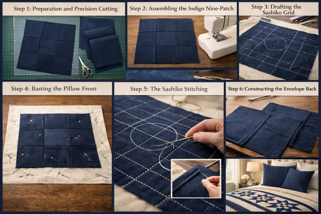 Japanese Sashiko Inspired Nine Patch Pillow Covers for a Zen Aesthetic