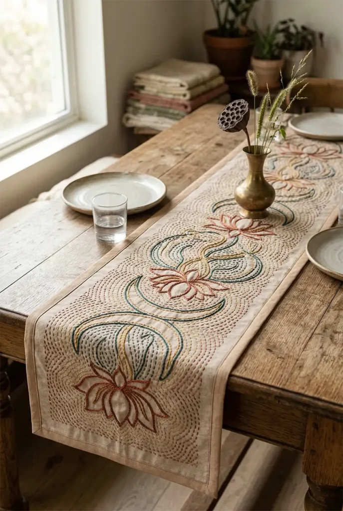 Layered Sujni Kantha Table Toppers Woven with Meaningful Religious Symbols