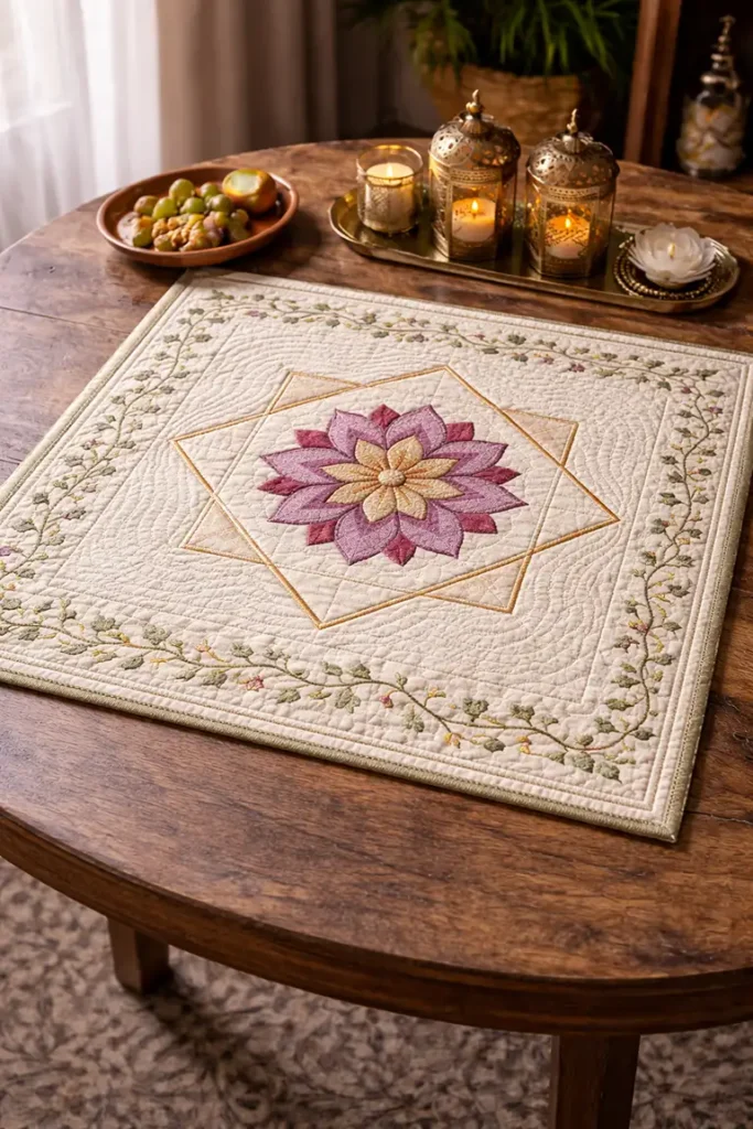 Layered Sujni Kantha Table Toppers Woven with Meaningful Religious Symbols