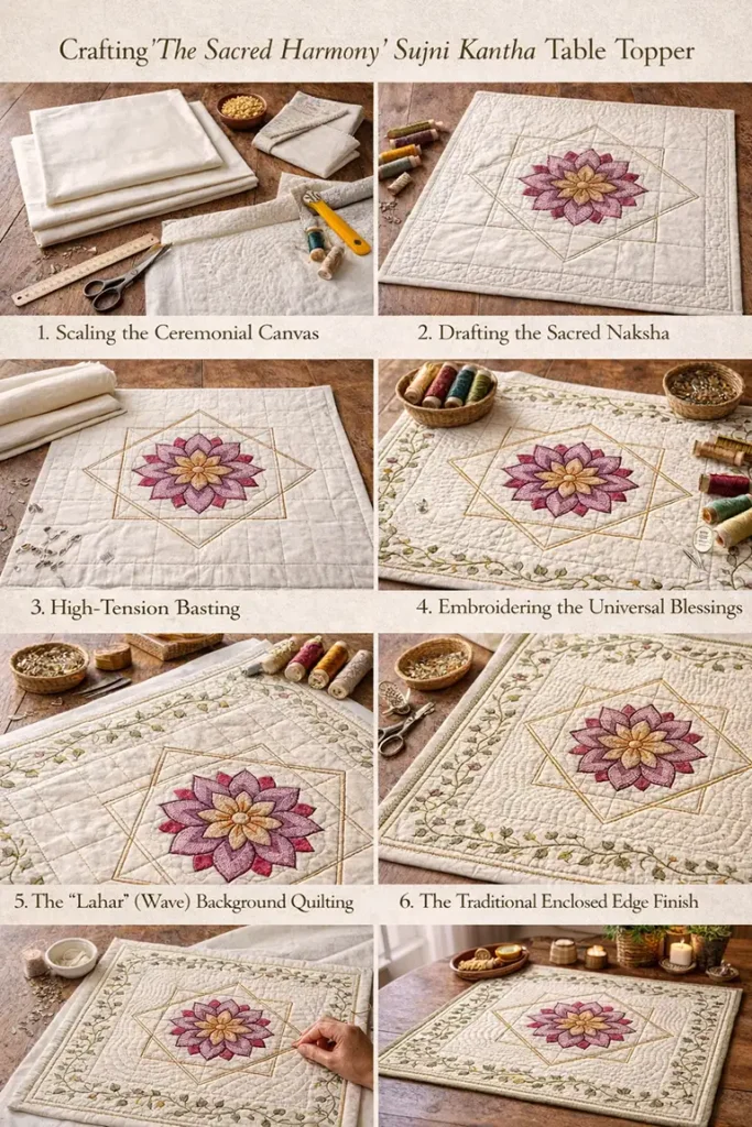 Layered Sujni Kantha Table Toppers Woven with Meaningful Religious Symbols