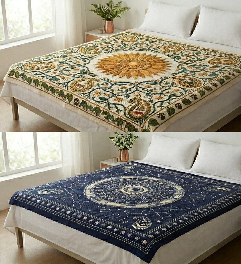 Nakshi Kantha Bed Sheets Featuring Floral Garden Tales