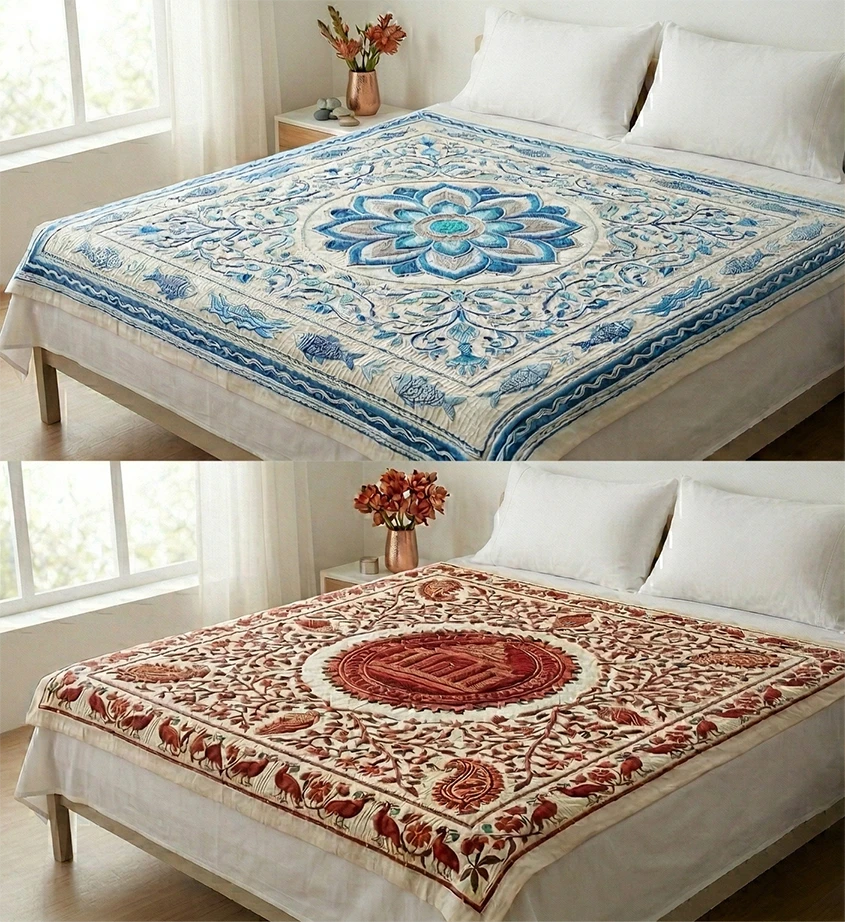 Nakshi Kantha Bed Sheets Featuring Floral Garden Tales