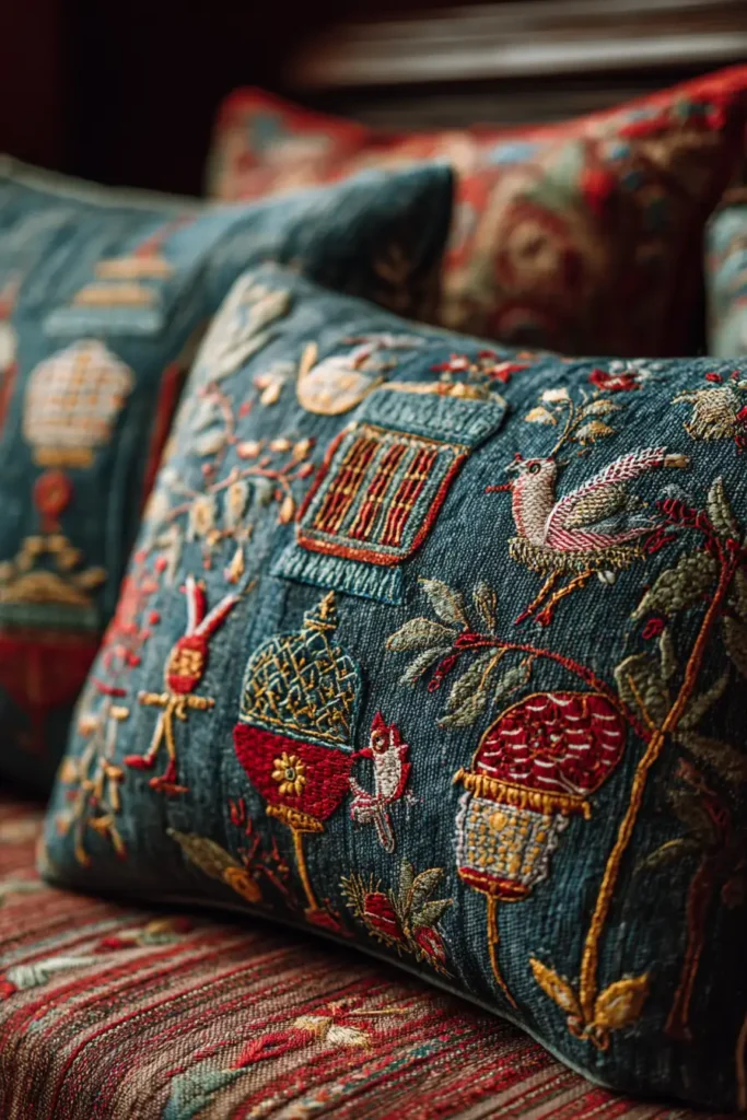 Nakshi Kantha Pillow Covers Showcasing Village Festival Scenes