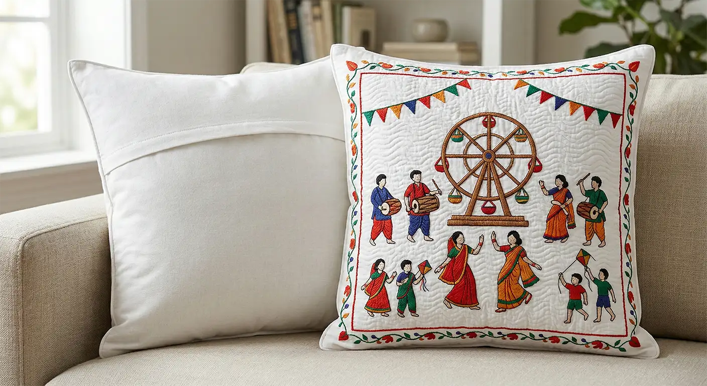 Nakshi Kantha Pillow Covers Showcasing Village Festival Scenes