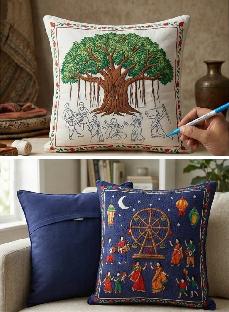 Nakshi Kantha Pillow Covers Showcasing Village Festival Scenes