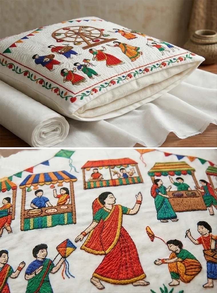 Nakshi Kantha Pillow Covers Showcasing Village Festival Scenes
