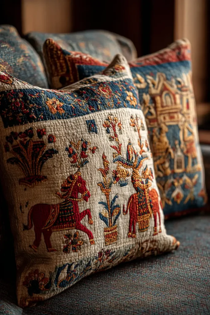 Nakshi Kantha Pillow Covers Showcasing Village Festival Scenes