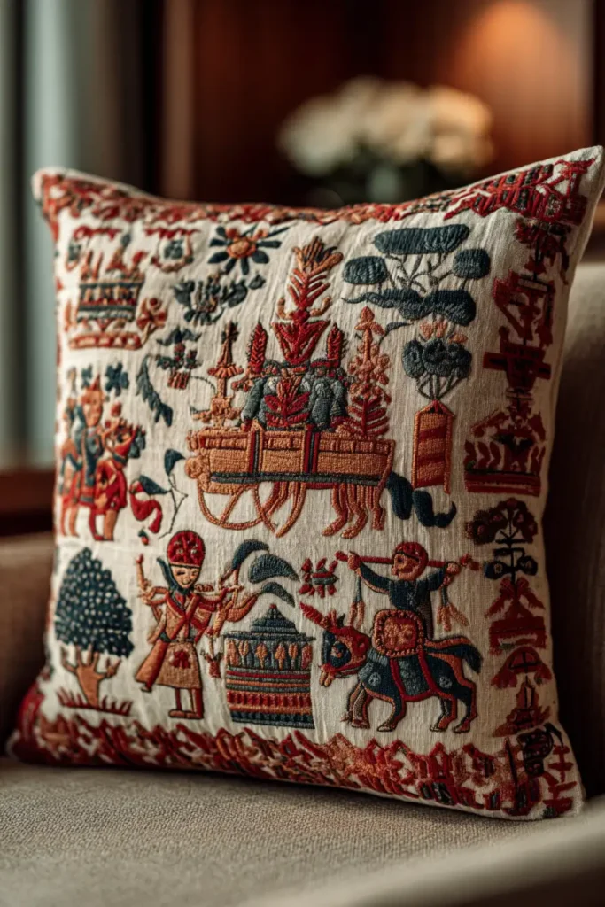 Nakshi Kantha Pillow Covers Showcasing Village Festival Scenes
