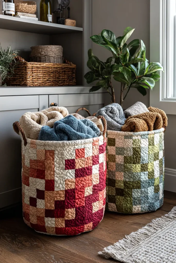 Reversible Nine Patch Quilted Laundry Baskets for Bedroom Organization