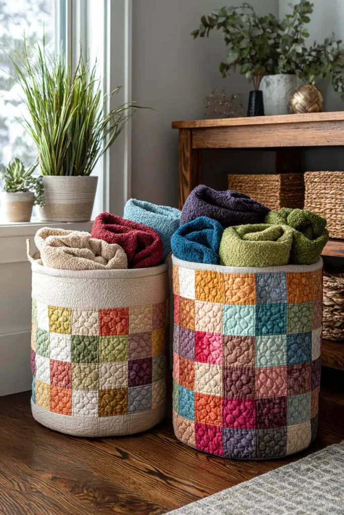 Reversible Nine Patch Quilted Laundry Baskets for Bedroom Organization