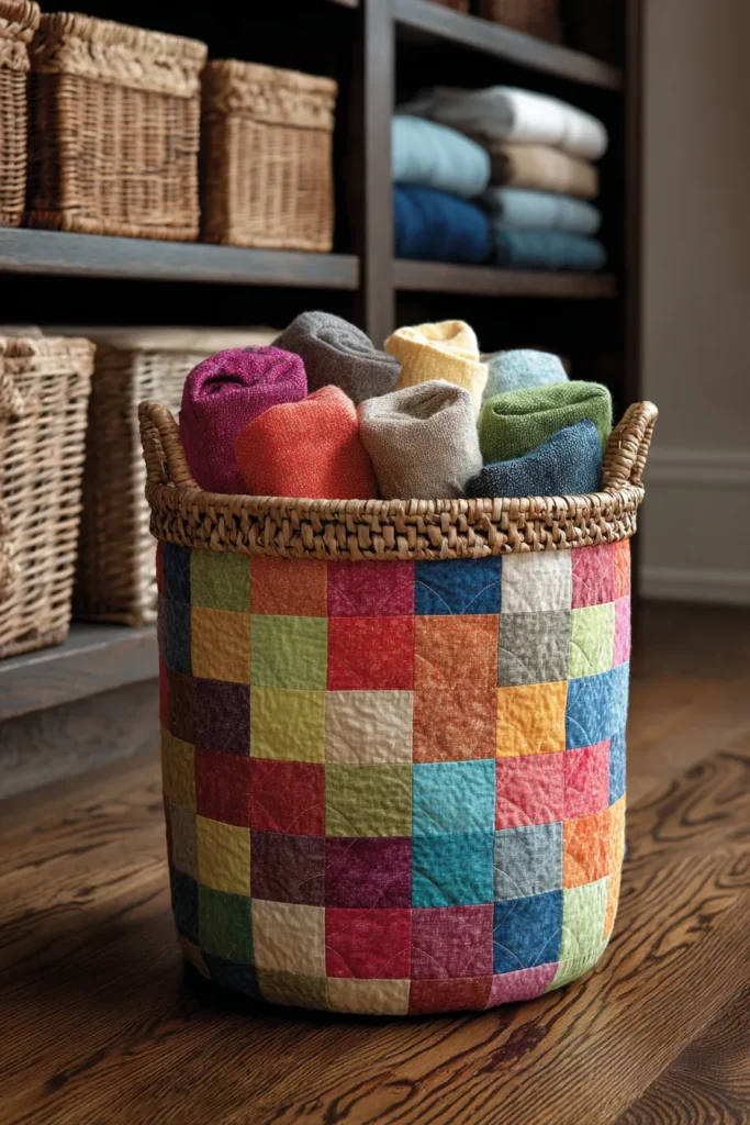 Reversible Nine Patch Quilted Laundry Baskets for Bedroom Organization