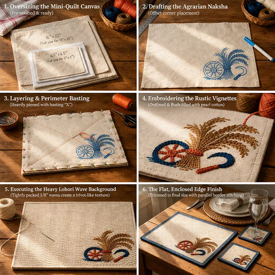 Rustic Lohori Kantha Placemats and Coasters Showcase Agricultural Scenes 