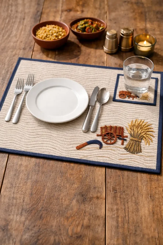 Rustic Lohori Kantha Placemats and Coasters Showcase Agricultural Scenes 