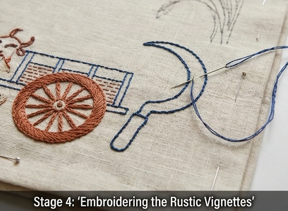 Rustic Lohori Kantha Placemats and Coasters Showcase Agricultural Scenes 