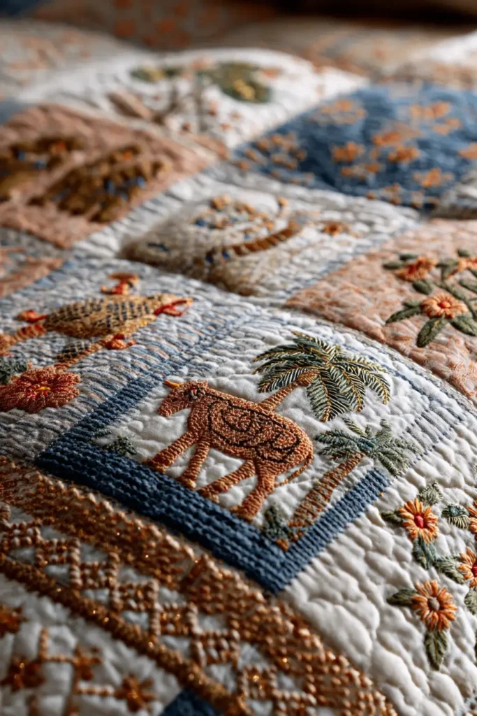 Soft Pastel Cross-Stitch Nakshi Kantha Quilts Celebrating Agricultural Heritage