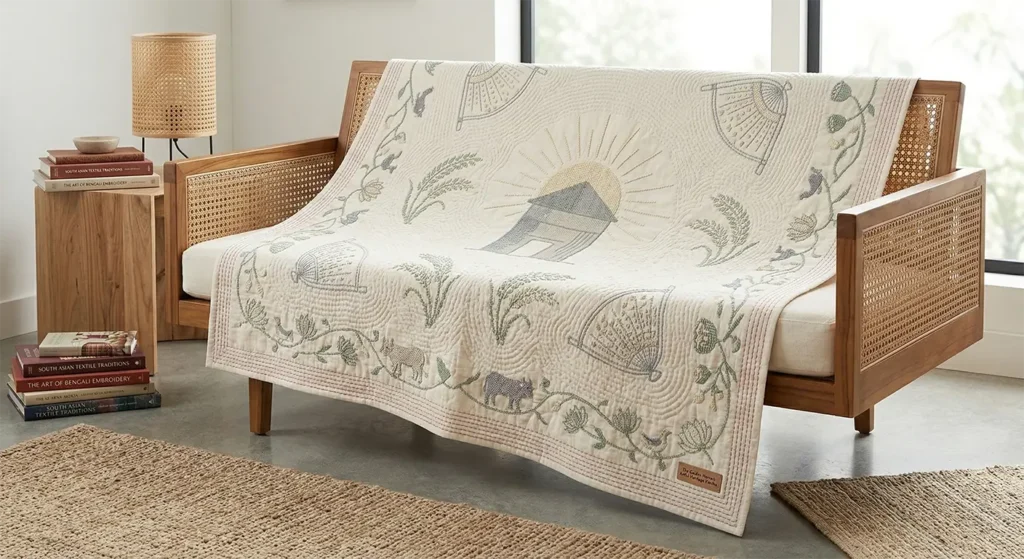 Soft Pastel Cross-Stitch Nakshi Kantha Quilts Celebrating Agricultural Heritage