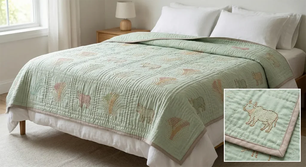 Soft Pastel Cross-Stitch Nakshi Kantha Quilts Celebrating Agricultural Heritage