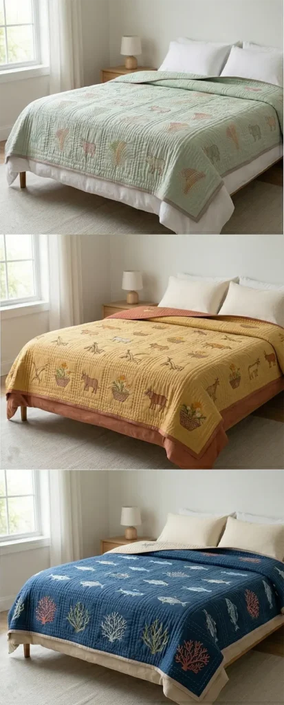 Soft Pastel Cross-Stitch Nakshi Kantha Quilts Celebrating Agricultural Heritage