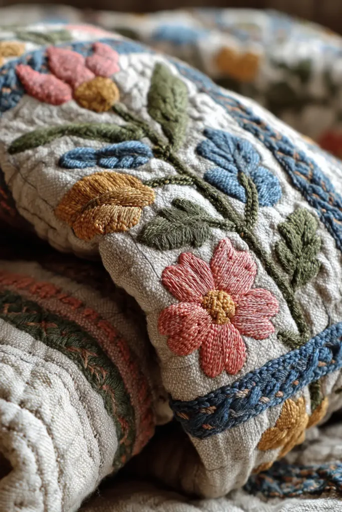 Soft Pastel Cross-Stitch Nakshi Kantha Quilts Celebrating Agricultural Heritage