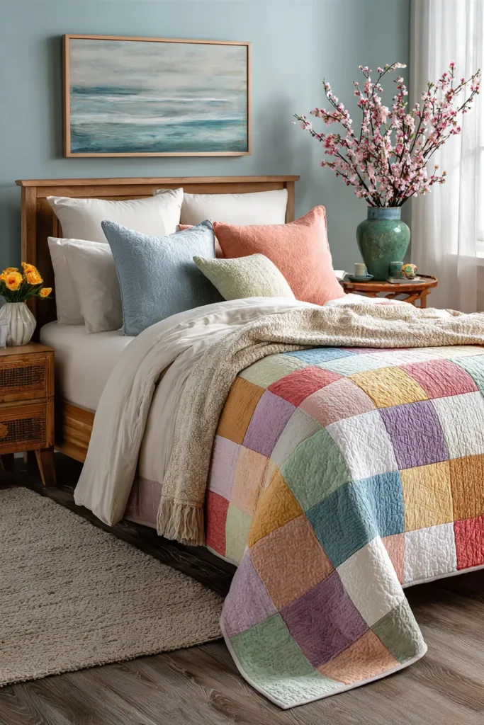Soft Pastel Nine Patch Throw Blankets for a Cozy Bed Layering
