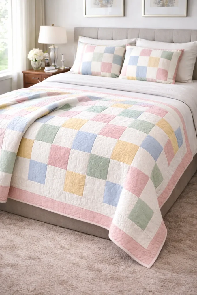 Soft Pastel Nine Patch Throw Blankets for a Cozy Bed Layering