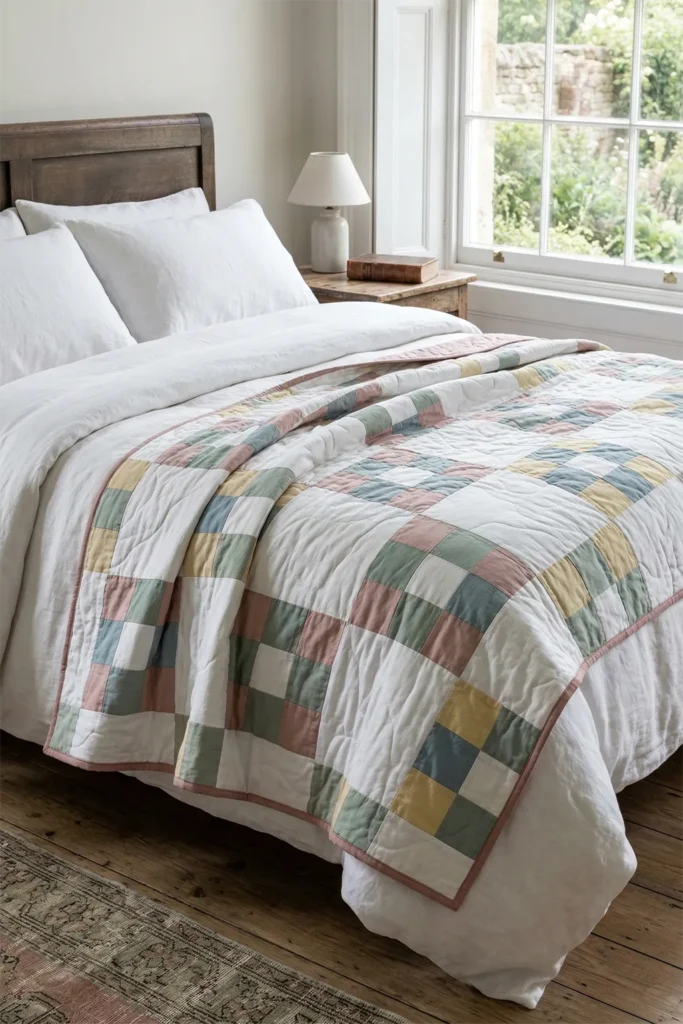 Soft Pastel Nine Patch Throw Blankets for a Cozy Bed Layering