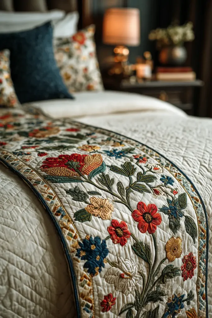 Sophisticated Cross-Stitch Nakshi Kantha Bed Runners Featuring Wildflower Motifs