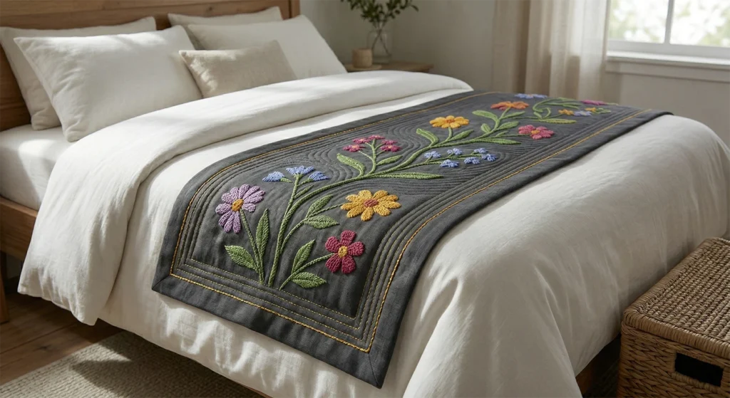 Sophisticated Cross-Stitch Nakshi Kantha Bed Runners Featuring Wildflower Motifs