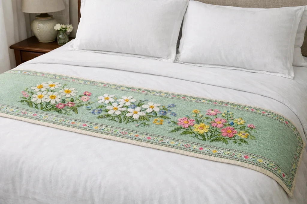 Sophisticated Cross-Stitch Nakshi Kantha Bed Runners Featuring Wildflower Motifs