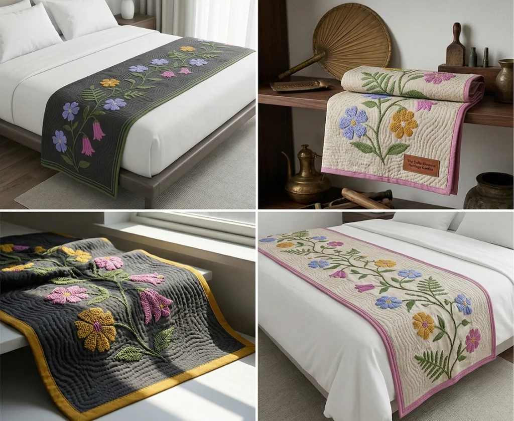 Sophisticated Cross-Stitch Nakshi Kantha Bed Runners Featuring Wildflower Motifs