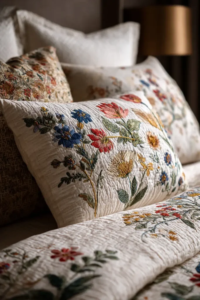 Sophisticated Cross-Stitch Nakshi Kantha Bed Runners Featuring Wildflower Motifs