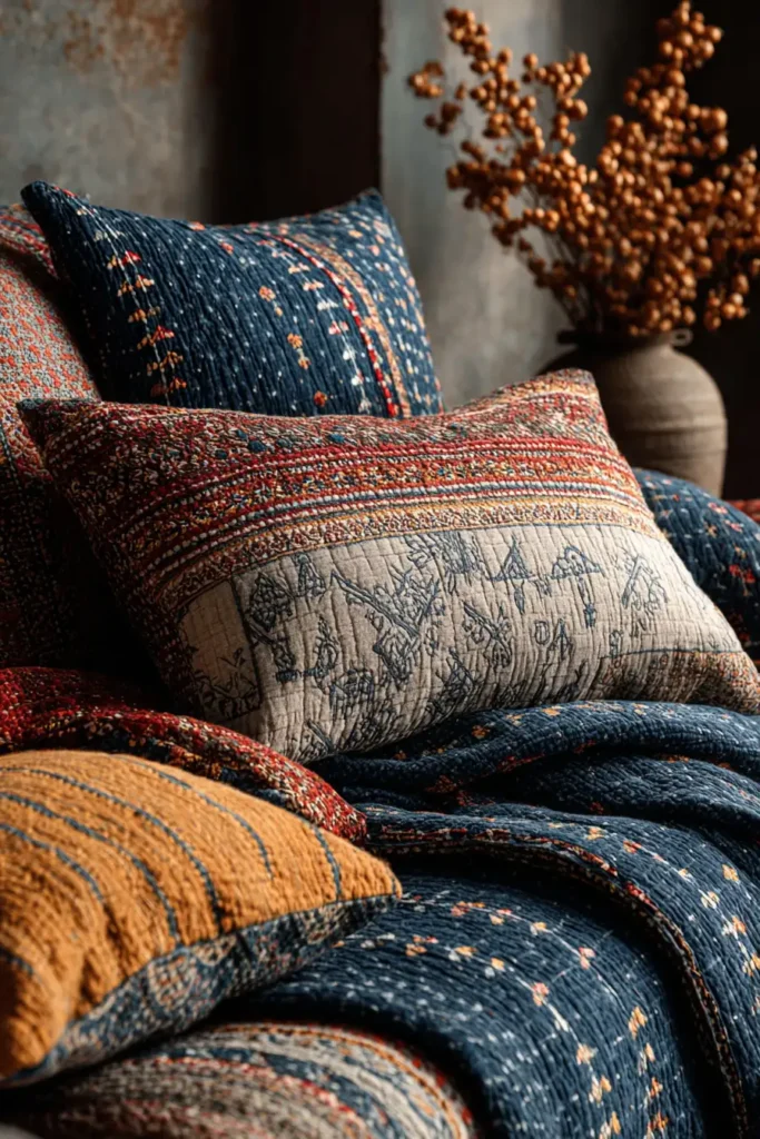 Stylish Running Stitch Nakshi Kantha Sofa Covers Telling Stories of Everyday Rural Life