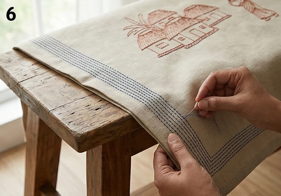 Stylish Running Stitch Nakshi Kantha Sofa Covers Telling Stories of Everyday Rural Life