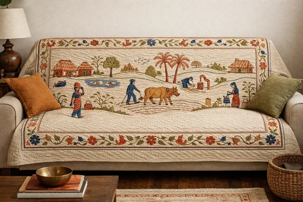 Stylish Running Stitch Nakshi Kantha Sofa Covers Telling Stories of Everyday Rural Life
