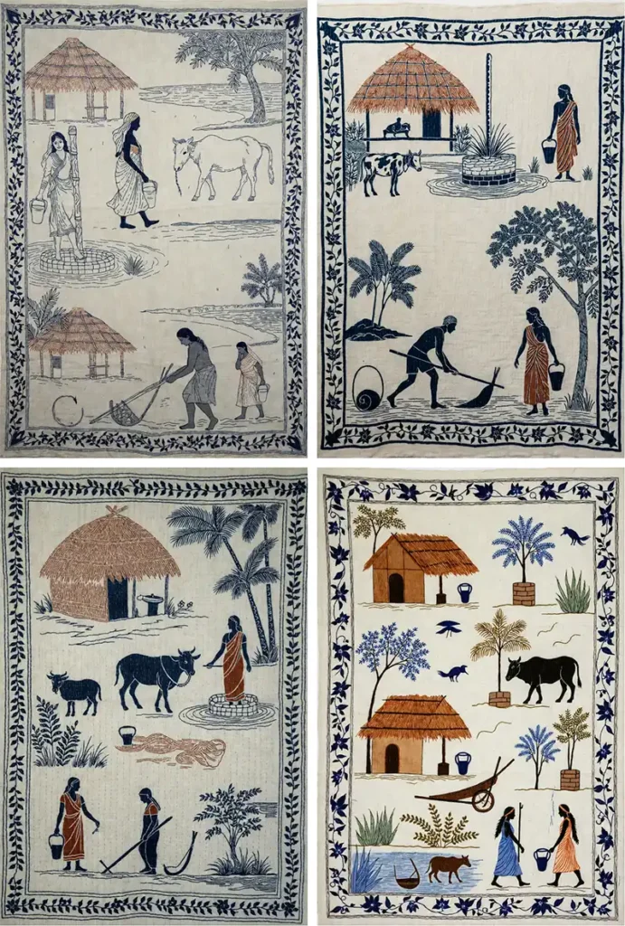 Stylish Running Stitch Nakshi Kantha Sofa Covers Telling Stories of Everyday Rural Life