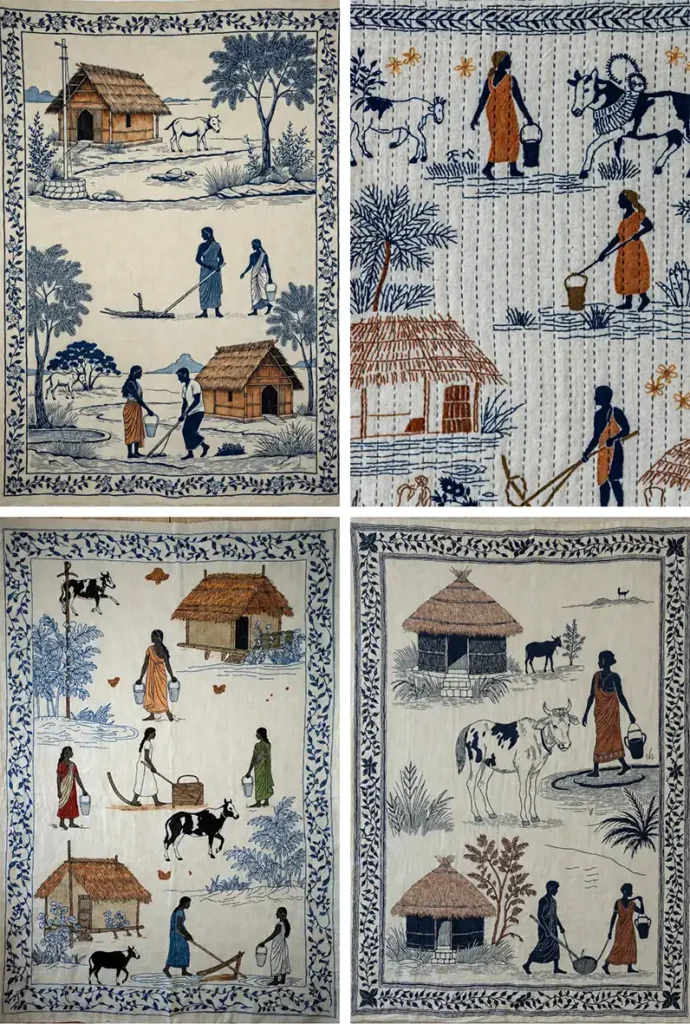 Stylish Running Stitch Nakshi Kantha Sofa Covers Telling Stories of Everyday Rural Life