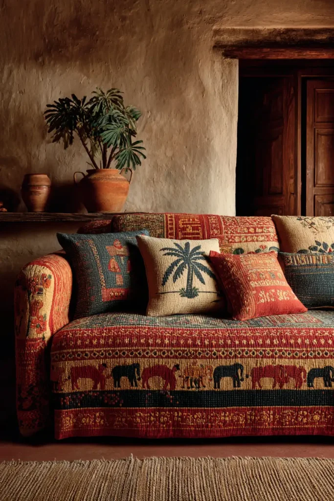 Stylish Running Stitch Nakshi Kantha Sofa Covers Telling Stories of Everyday Rural Life