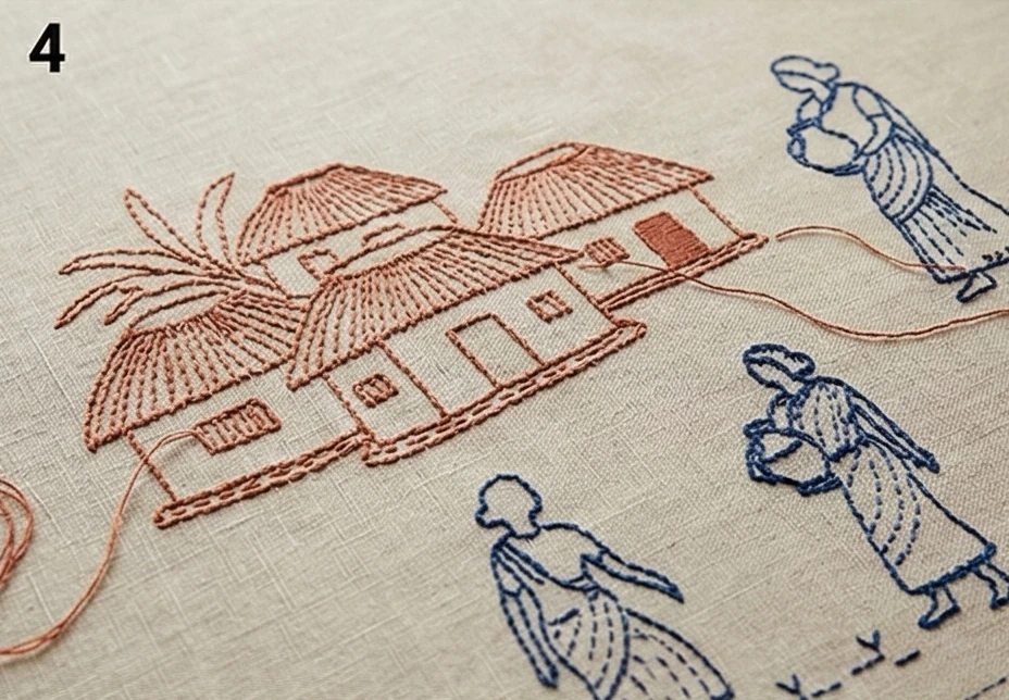 Stylish Running Stitch Nakshi Kantha Sofa Covers Telling Stories of Everyday Rural Life