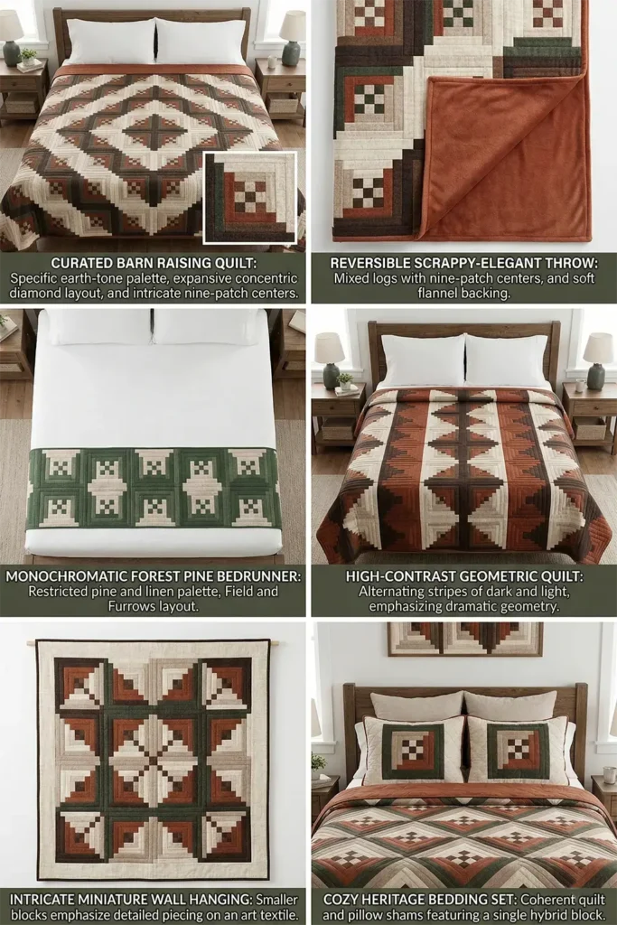 Traditional Log Cabin and Nine Patch Hybrid Quilts for Rustic Bedroom Charm