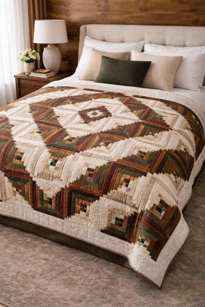Traditional Log Cabin and Nine Patch Hybrid Quilts for Rustic Bedroom Charm