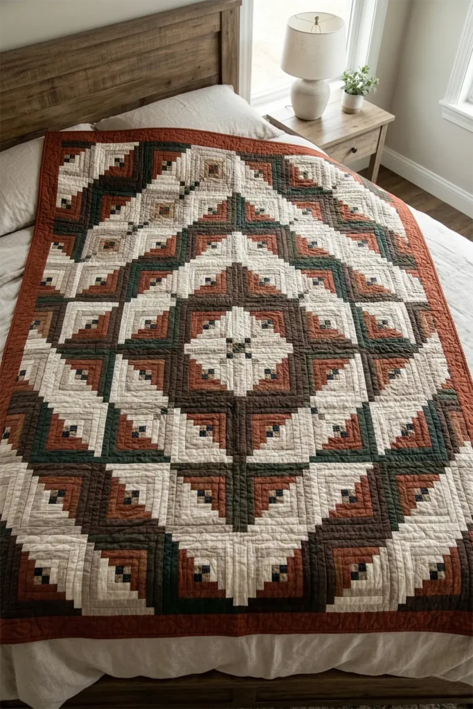 Traditional Log Cabin and Nine Patch Hybrid Quilts for Rustic Bedroom Charm
