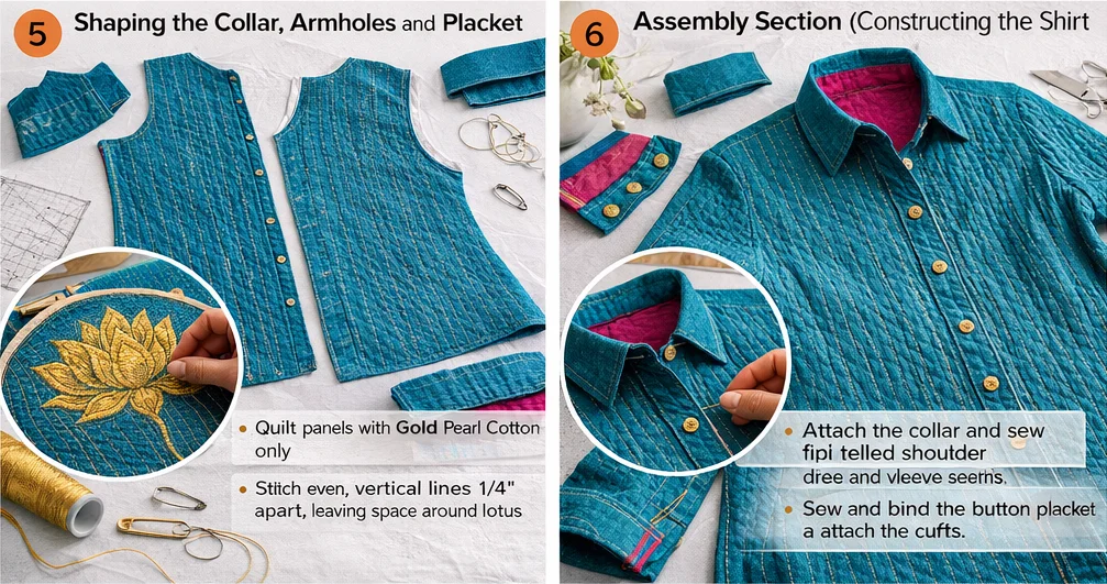 Classic Button-Down Nakshi Kantha Shirts with Lotus Motif Embroidery