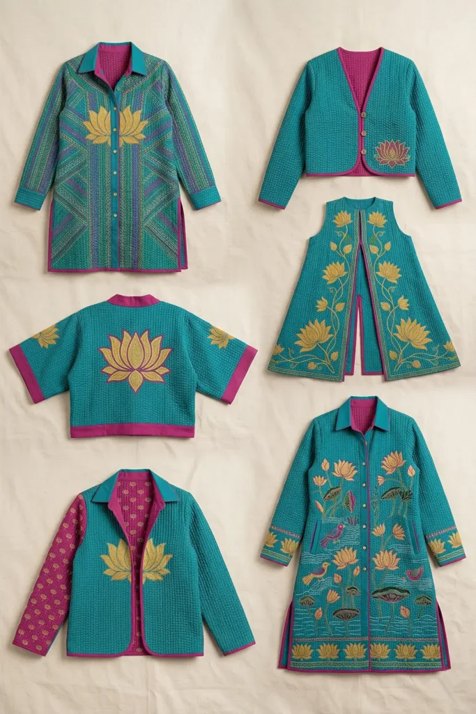 Classic Button-Down Nakshi Kantha Shirts with Lotus Motif Embroidery