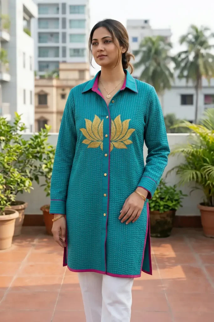Classic Button-Down Nakshi Kantha Shirts with Lotus Motif Embroidery