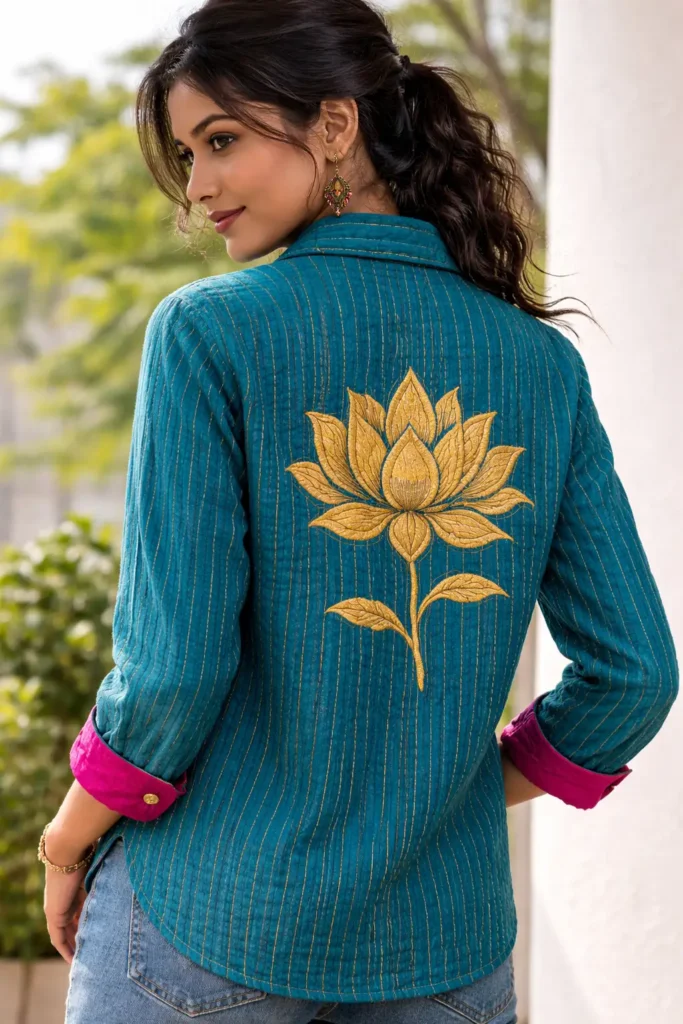 Classic Button-Down Nakshi Kantha Shirts with Lotus Motif Embroidery